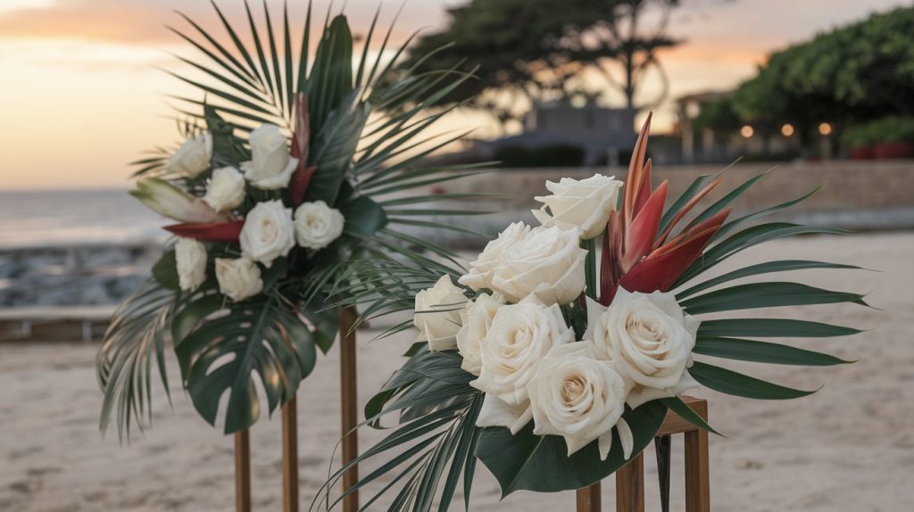 Beach memorial setup with white roses and tropical flowers, golden hour, coastal setting, high-end photography