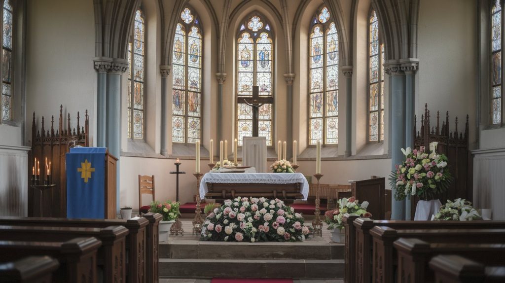 Historic chapel funeral flowers, traditional elements, professional documentation, morning light
