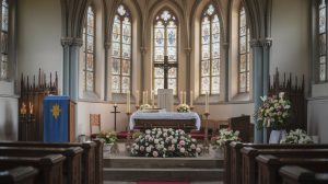 Historic chapel funeral flowers, traditional elements, professional documentation, morning light