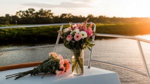 Professional photo of memorial flowers on boat deck, St. Johns River background, sunset lighting, emotional atmosphere