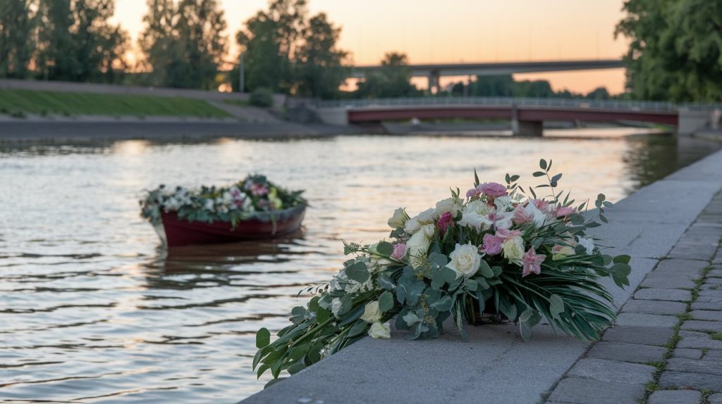 Riverside memorial arrangement with water view, professional composition, evening light, emotional moment