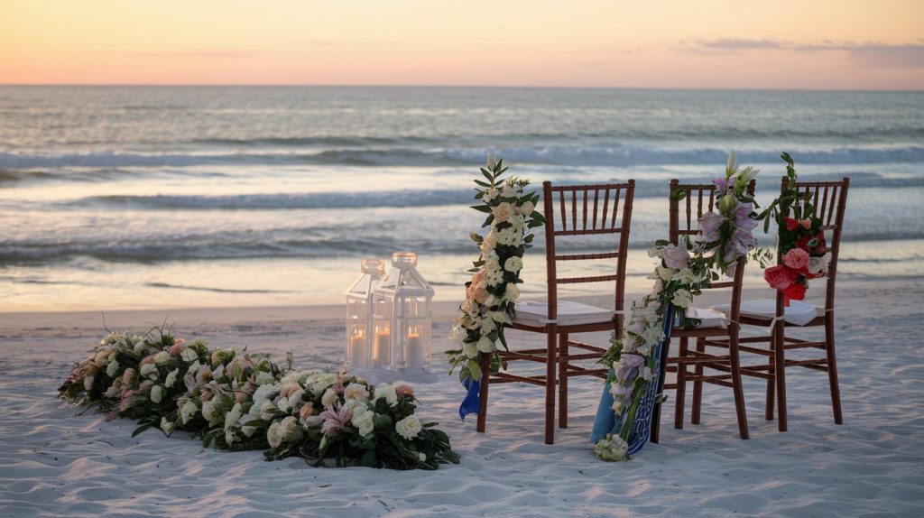 Beach memorial setup with white roses and tropical flowers, golden hour, coastal setting, high-end photography