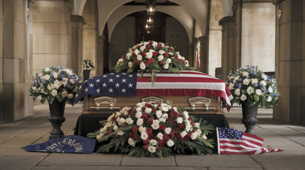 Traditional funeral arrangement in historic Jacksonville setting, professional lighting, elegant composition
