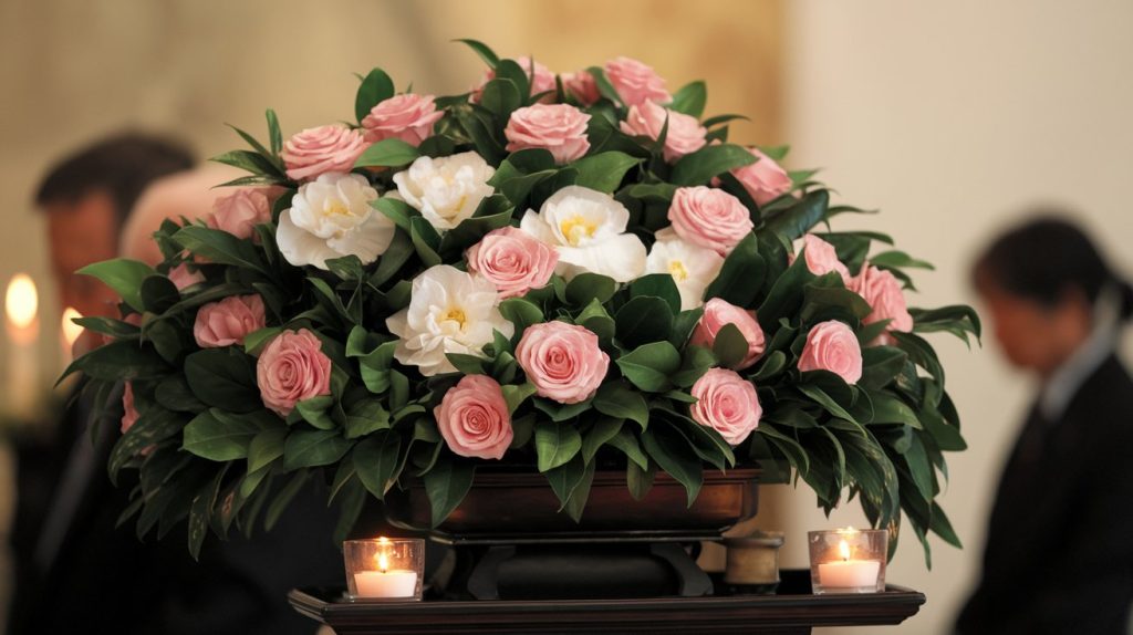 Indoor spring funeral arrangement with camellias and roses, traditional setting, professional documentation, emotional moment