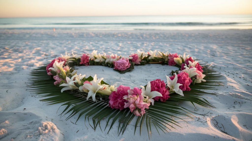 Beach memorial setup with white roses and tropical flowers, golden hour, coastal setting, high-end photography