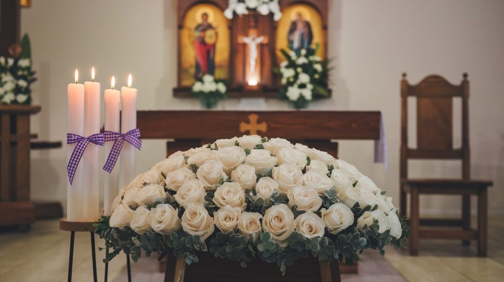 Evening novena service with traditional Filipino funeral flowers, candlelight, emotional moment, high-end photograph