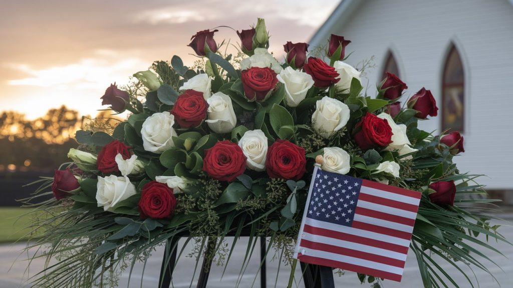 Professional high-resolution photo of military funeral flower arrangement with American flag at sunset, Naval Station, emotional ceremony, respectful composition