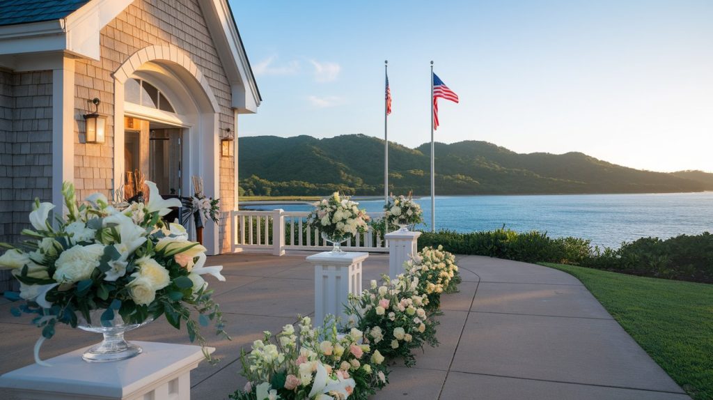Coastal military chapel exterior with formal flower arrangements, morning light, American flag, professional photography